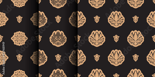 Set of Dark solid color Seamless pattern with lotuses in Simple style. Good for backgrounds, prints, apparel and textiles. Vector illustration.
