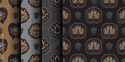 Set of Seamless pattern with lotuses. Dark background. Expensive and luxurious style. Good for prints. Vector illustration.