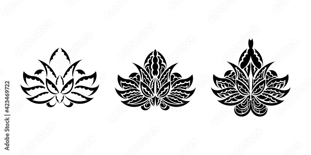 Set of lotus ornament, ethnic tattoo. Patterned Indian lotus. Black and white print. Isolated. Vector illustration. Set of lotus ornament, ethnic tattoo. Patterned Indian lotus. Black and white print. Isolated. Vector illustration.