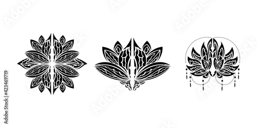 Set of lotus pattern in Simple style. Black and white print. Isolated. Vector