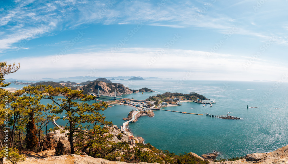 Panoramic view of Gogunsan Islands from Daejangbong peak in Gunsan, Korea