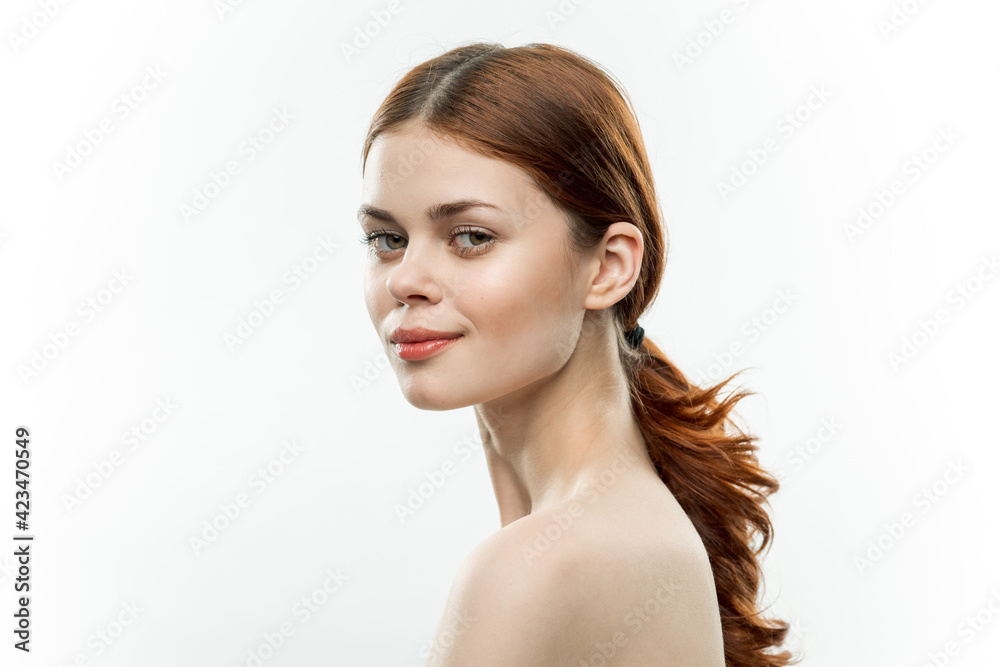 pretty woman makeup on face naked shoulders gathered hair attractive look pretty woman makeup on face naked shoulders gathered hair attractive look