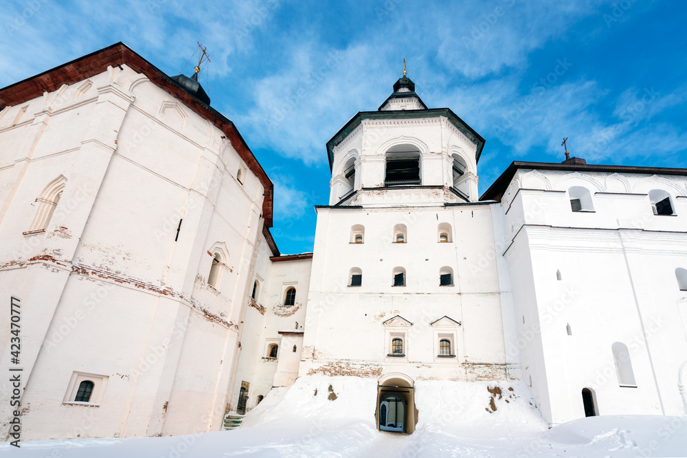 View of the Bell Tower, the Church of the Archangel Gabriel and the Church of the Introduction to the Church of the Most Holy Theotokos, Kirillo-Belozersky Monastery , Kirillov, Vologda region, Russia