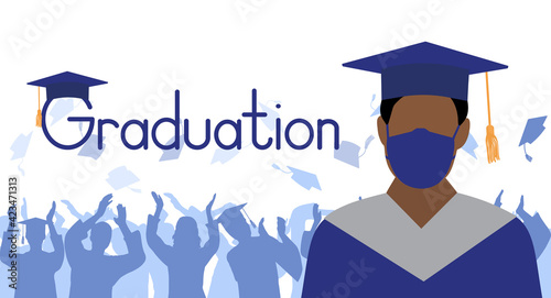 Graduate boy in medical face mask and mantle and mortarboard on background of group of graduates throwing square academic caps. Graduation ceremony in condition of pandemic disease.Vector illustration
