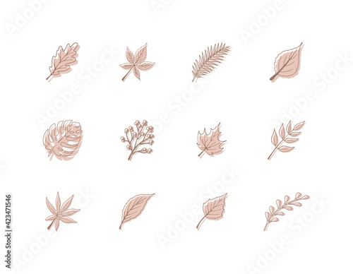 Abstract leaves. Minimalistic art in pastel colors. Design elements for wall art, social media, posters, stickers and invitations. Modern vector illustration in flat style.