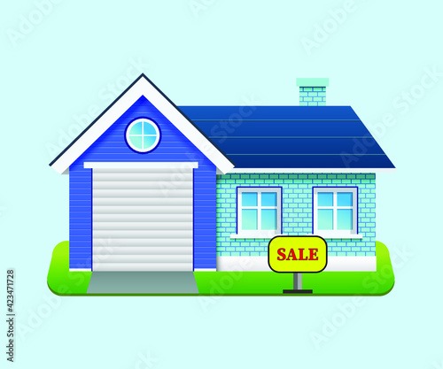 Brick house with garage and sale sign on blue background, vector illustration