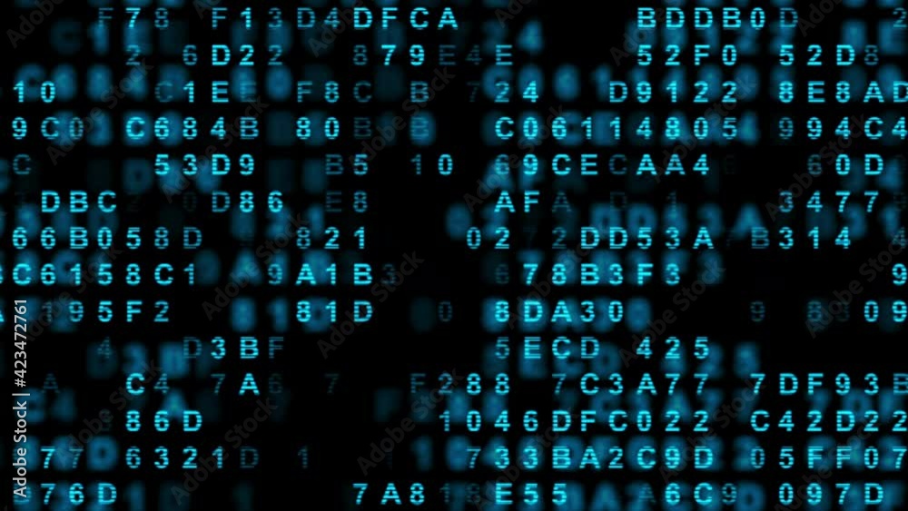 Hexadecimal big data digital code running through black and blue mainframe in a futuristic information technology computer.