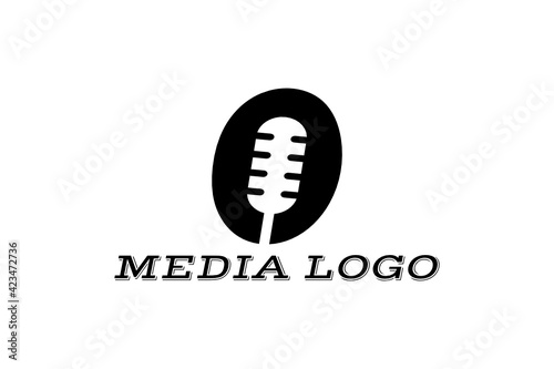 Vector logo element with microphone illustration in negative space and initials "O" in positive space. Usable for media logos, general information and communications.