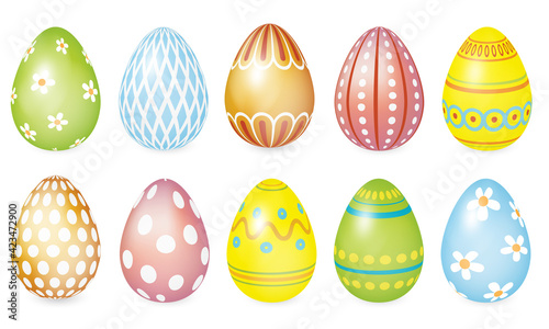 Set of 3d realistic painted Easter eggs on isolated background.