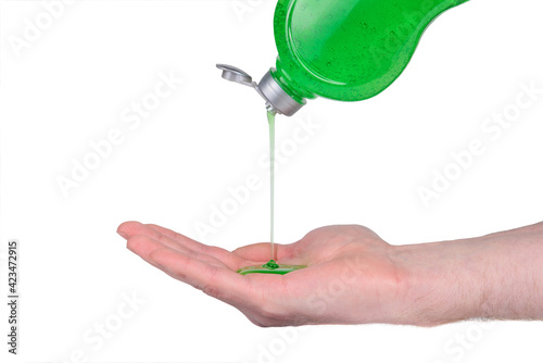 Dishwashing liquid is poured into an open palm on a white background.