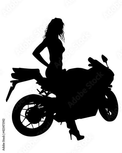 Beauty women on sports motorcycle. Isolated silhouette on a white background