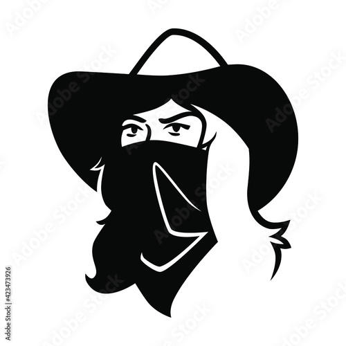 Cowgirl outlaw wearing bandana portrait symbol on white backdrop. Design element