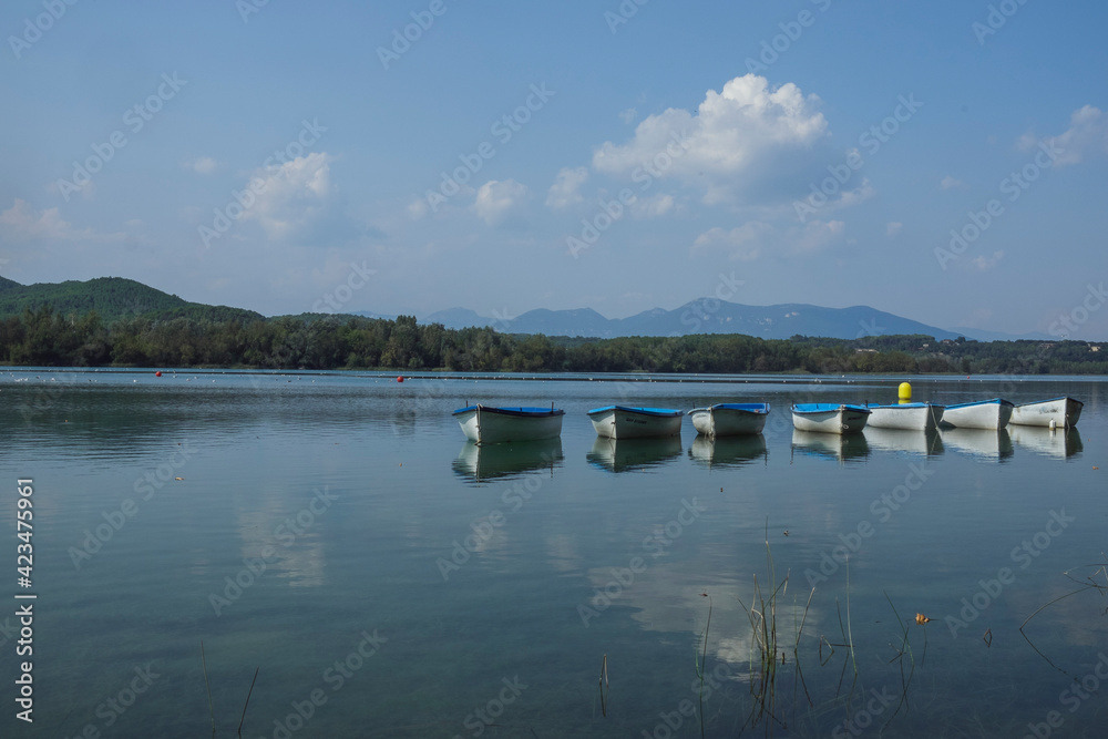 boats on the lake of banyolas, girona, catalonia,