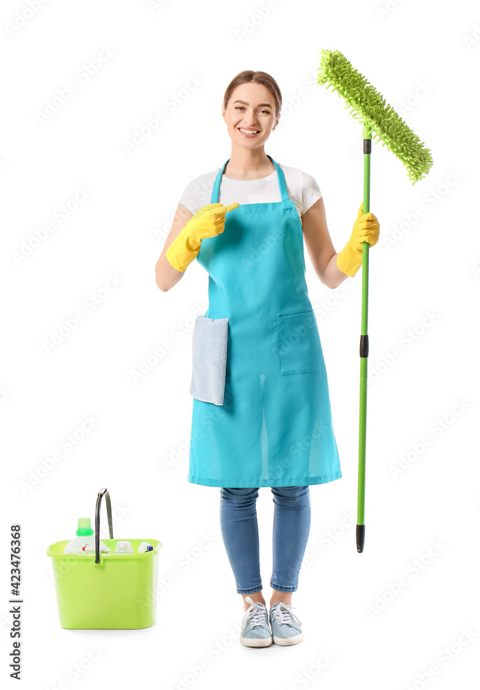 Young woman with cleaning supplies on white background Young woman with cleaning supplies on white background