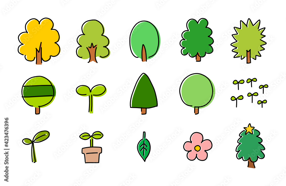 木や植物の可愛い手書きアイコンセット。緑の大木や紅葉したイチョウなど様々な木々のイラスト。