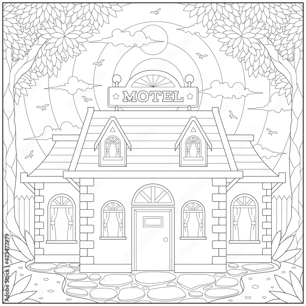 Amazing motel in the forest of peace can calm atmosphere and meditation. Learning and education coloring page illustration for adults and children. Outline style, black and white drawing.