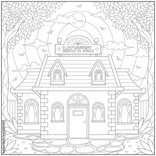 Amazing motel in the forest of peace can calm atmosphere and meditation. Learning and education coloring page illustration for adults and children. Outline style, black and white drawing.