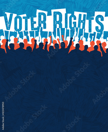 Many people with signs protest voter suppression. Design template for civil rights, protest events, rally or march. Space for your text. Vector Illustration.