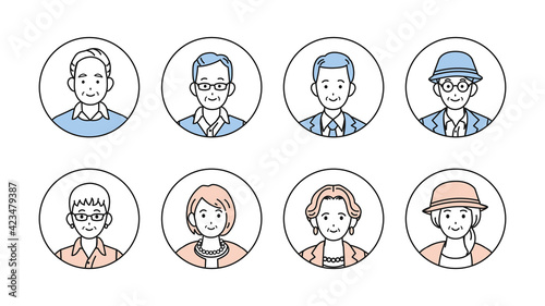 シニア　年配　高齢者　お年寄り　男女　人々　アイコン　セット　イラスト素材