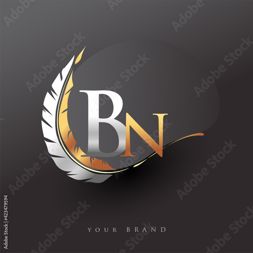 Initial letter BN logo with Feather Gold And Silver Color, Simple and Clean Design For Company Name. Vector Logo for Business and Company.
