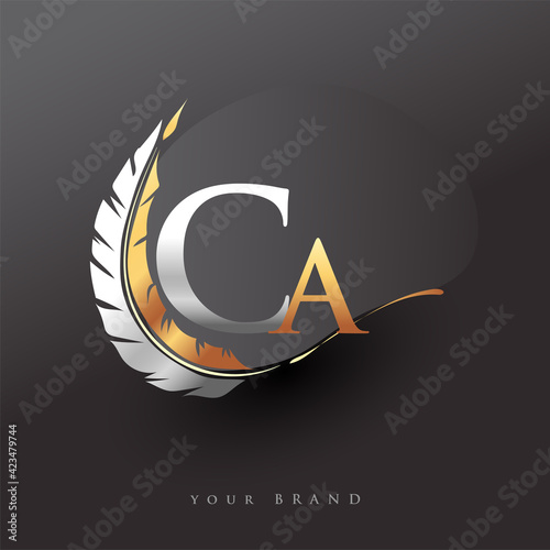 Initial letter CA logo with Feather Gold And Silver Color, Simple and Clean Design For Company Name. Vector Logo for Business and Company.