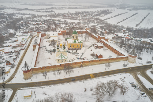 Photography Scenic aerial view of old Kremlin in ancient russian town Zaraysk in Moscow oblast in Russian Federation