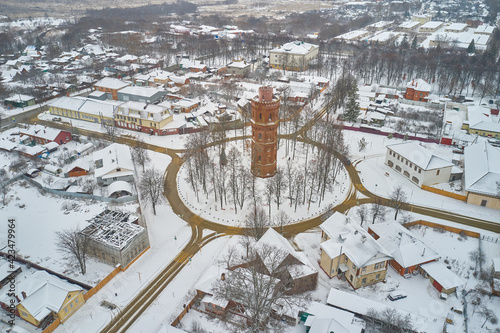 Sticker Scenic aerial view of old water tower in ancient russian town Zaraysk in Moscow oblast in Russian Federation