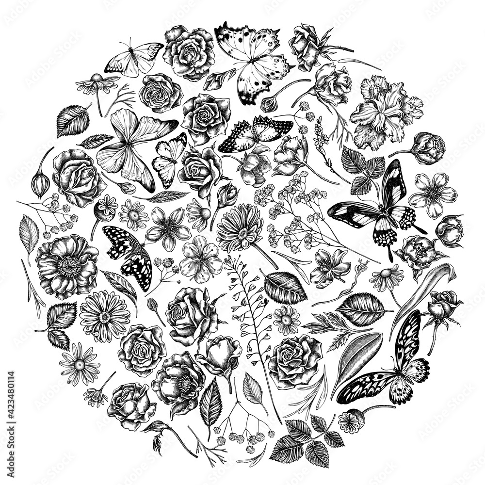 Round floral design with black and white shepherd s purse, heather, iris  japonica, sakura, gypsophila, chamomile, almond, poppy flower, calendula,  blue morpho, lemon butterfly, red lacewing, african Stock Vector | Adobe  Stock