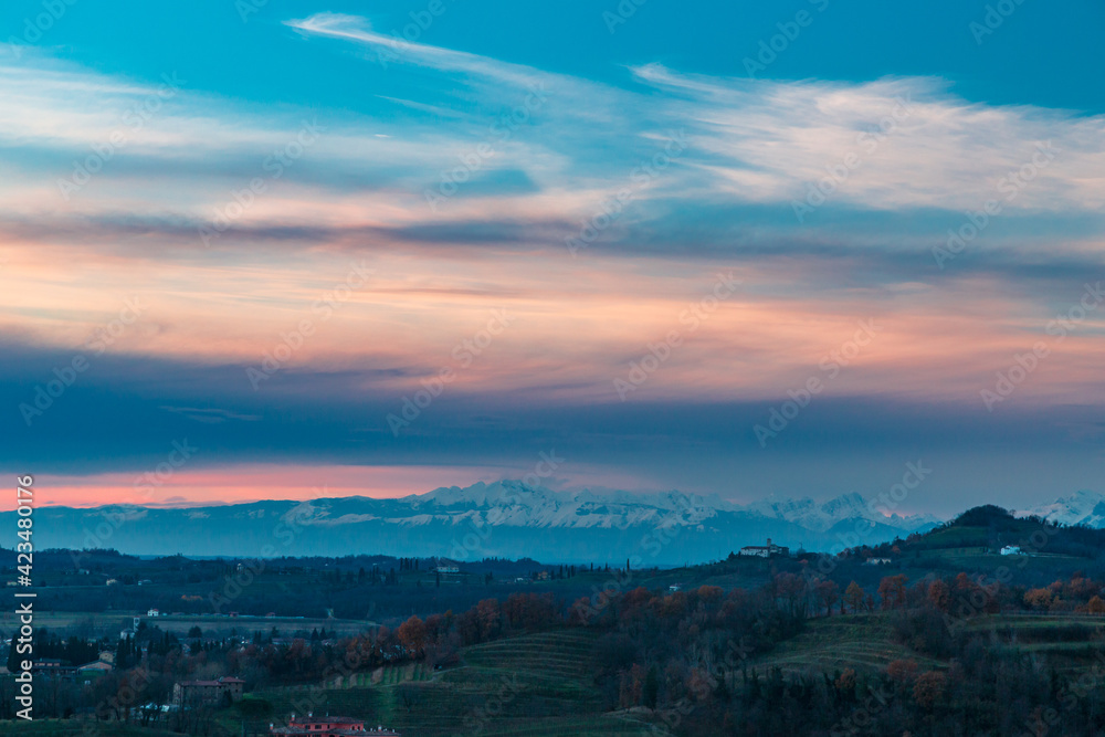 Winter sunset in the vineyards of Collio Friulano