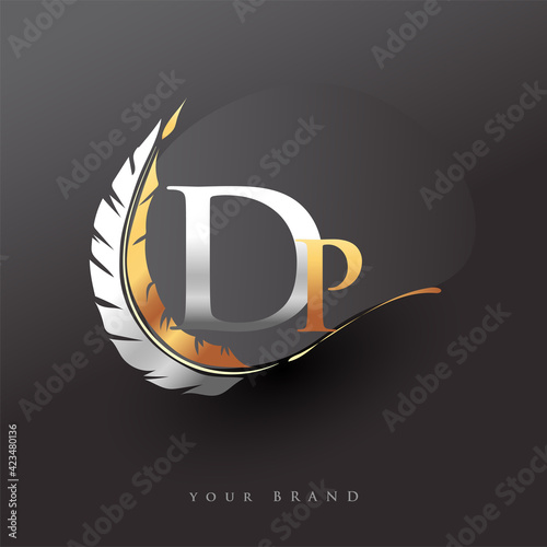 Initial letter DP logo with Feather Gold And Silver Color, Simple and Clean Design For Company Name. Vector Logo for Business and Company.