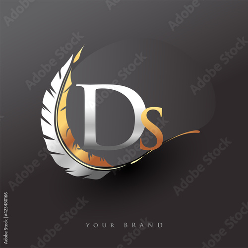 Initial letter DS logo with Feather Gold And Silver Color, Simple and Clean Design For Company Name. Vector Logo for Business and Company.