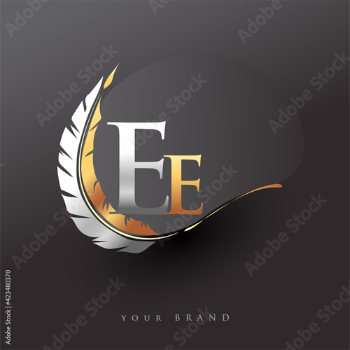 Initial letter EE logo with Feather Gold And Silver Color, Simple and Clean Design For Company Name. Vector Logo for Business and Company.