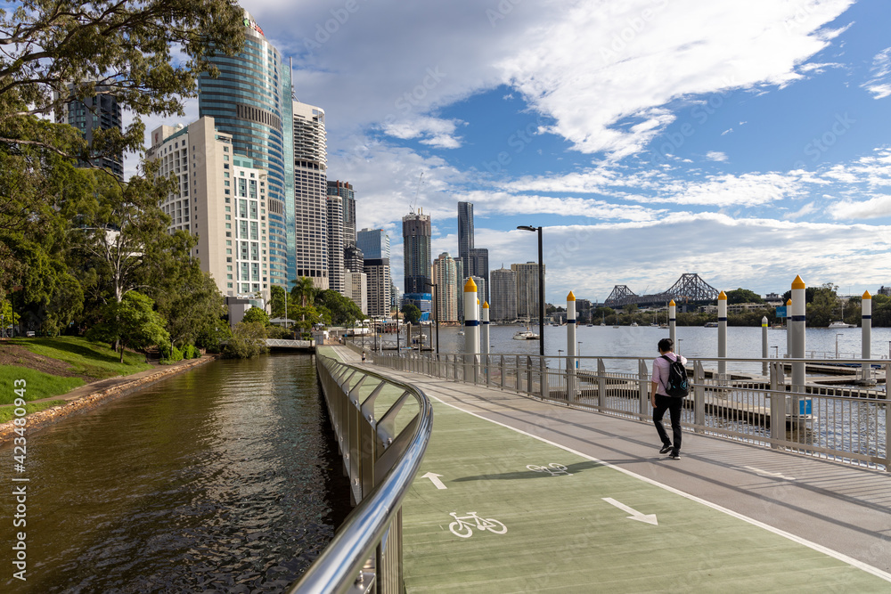 The iconic riverwalk and Brisbane Cityscape along the Brisbane River in Queensland on March 24th 2021