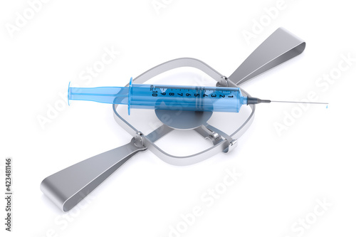 bear trap and syringe on white background. Isolated 3D illustration