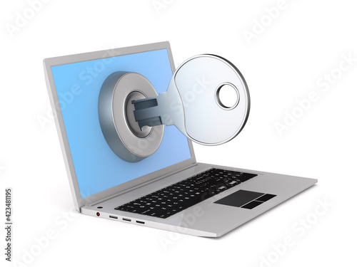 laptop and key on white bac...