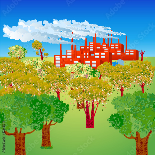 Industrial pollution of nature. Image of a factory poisoning the environment. The dead forest. Vector illustration.