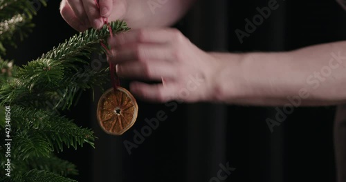 Man decorating christmas tree indoor with dried oranges