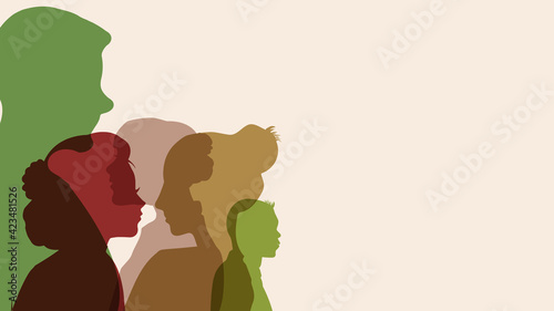 Abstract vector illustration of diverse crowd of people. Concept of different skin colors and multiracial partnership at the office or at home. Different ethnicity variation lifestyles with copy space