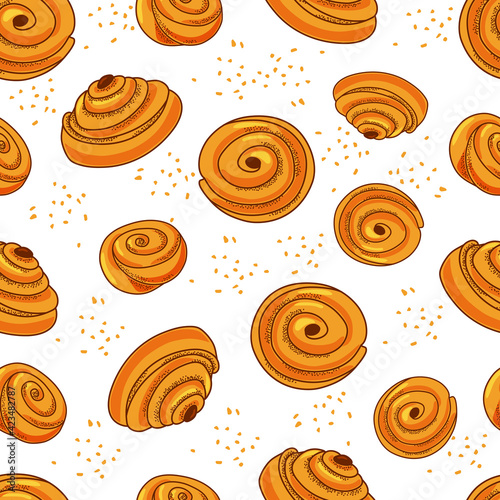 Seamless cinnamon bun pattern on white background. Cartoon vector background