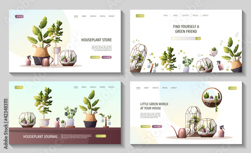 Set of web pages with Collection of houseplants. Florarium, home garden, greenhouse, gardening, plant lover concept. Vector illustration for poster, banner, website.