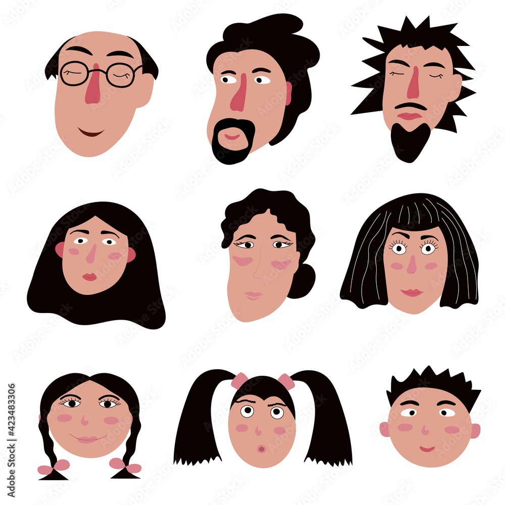A set of funny avatars of men, women and children on a white background. Smiling, happy faces. Vector illustration for work and leisure A set of funny avatars of men, women and children on a white background. Smiling, happy faces. Vector illustration for work and leisure