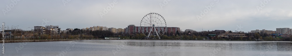 Tei Park  in Bucharest. Panorama with Tei Park .Pontoon on Lake Tei March 25, 2019, Bucharest, Romania