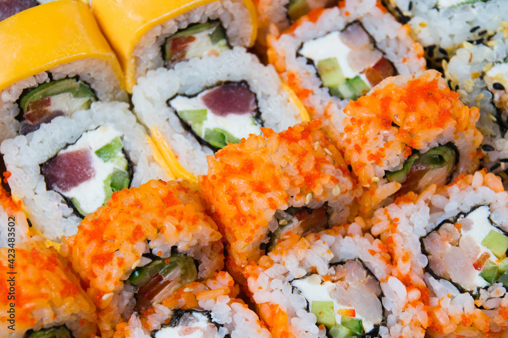 Large set of sushi rolls with shrimp, avocado, eel, chedar cheese, sesame seeds, caviar, tuna, nori, cucumber and cream cheese close-up Large set of sushi rolls with shrimp, avocado, eel, chedar cheese, sesame seeds, caviar, tuna, nori, cucumber and cream cheese close-up