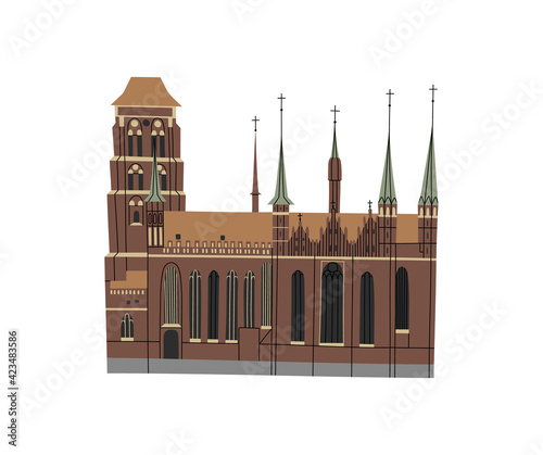 Vector color hand drawn illustration with St. Mary's Church. Basilica Mariacka. Gdansk, Poland. Old town. . Brick Gothic Roman Catholic church