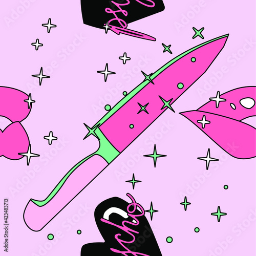 Seamless rebel pattern with hearts, knives and lips. Cool texture for fabric apparel textile, wallpaper, wrapping paper.