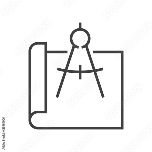 Plano de papel con herramienta de dibujo compás separador con lineas en color gris