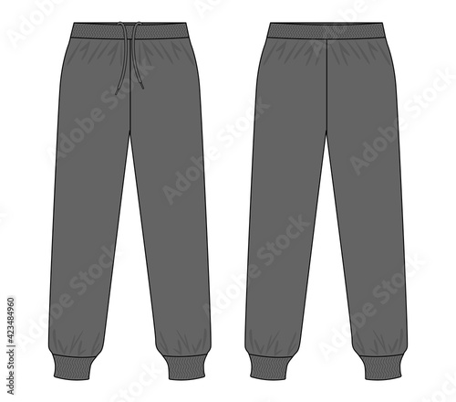 Gray Tracksuit Pants Template on White Background. Front And Back Views, Vector File.