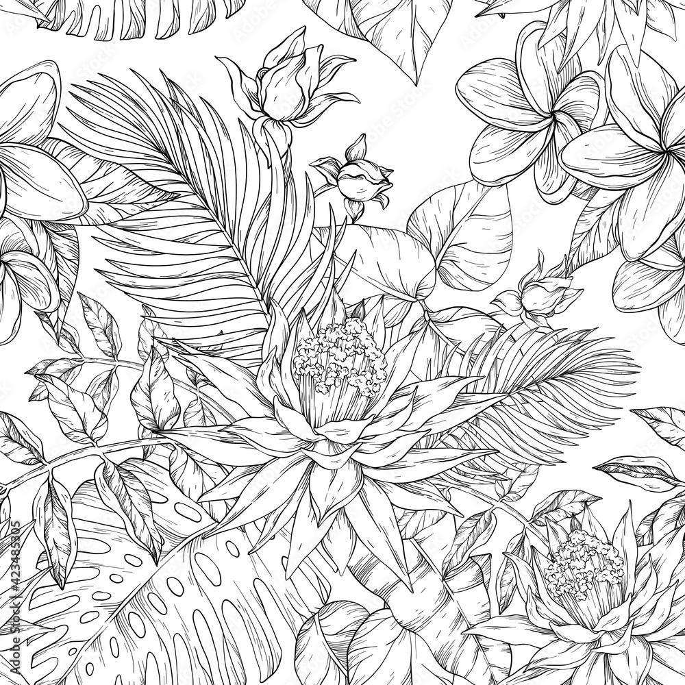 Fototapeta premium Seamless background of flowers frangipani, palm branch and tropical flowers, hand drawing illustration. Black and white