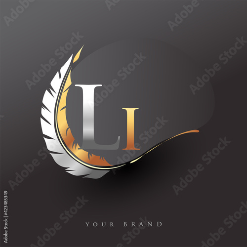 Initial letter LI logo with Feather Gold And Silver Color, Simple and Clean Design For Company Name. Vector Logo for Business and Company.