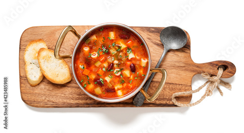 Tableau sur toile Vegetarian minestrone italian soup made with fresh vegetables, pasta and beans